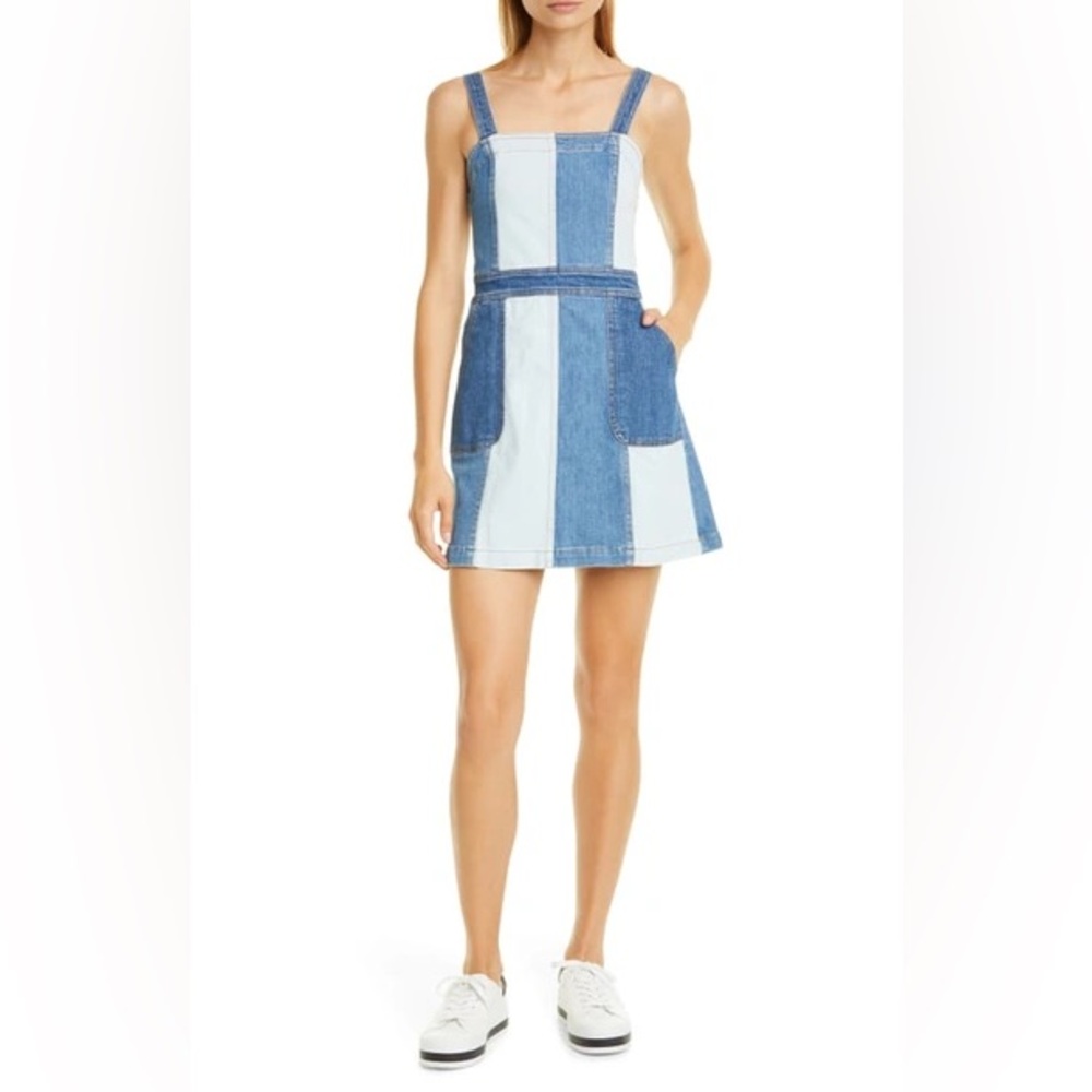 Alice + Olivia Patchwork Denim Square Neck Jamie Tank Dress